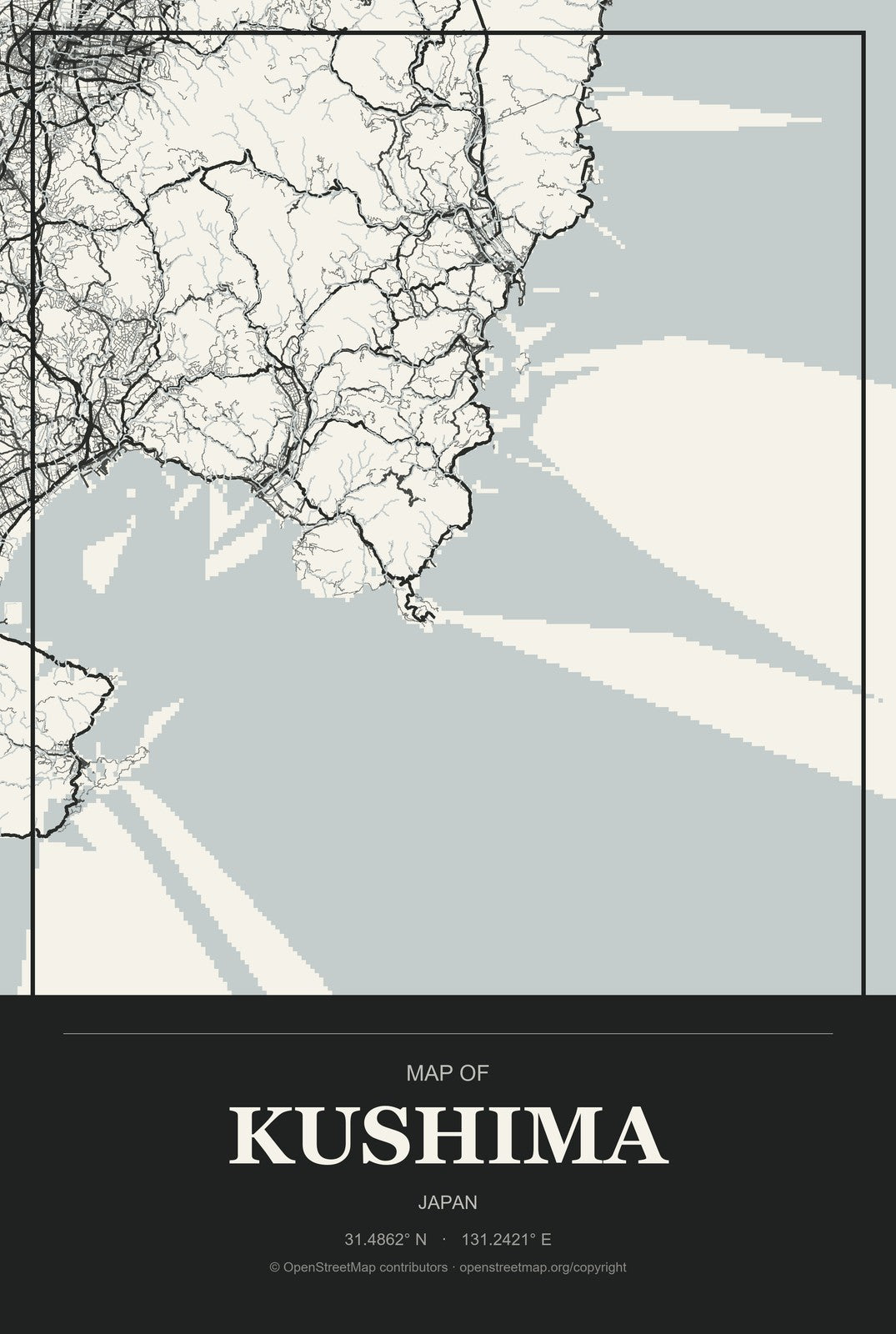 Kushima, Japan City Map Aluminum Sign in Museum Plaque style