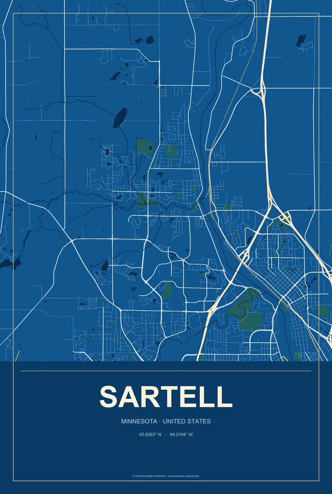 Sartell, Minnesota City Map Aluminum Sign in Harbor Cobalt style
