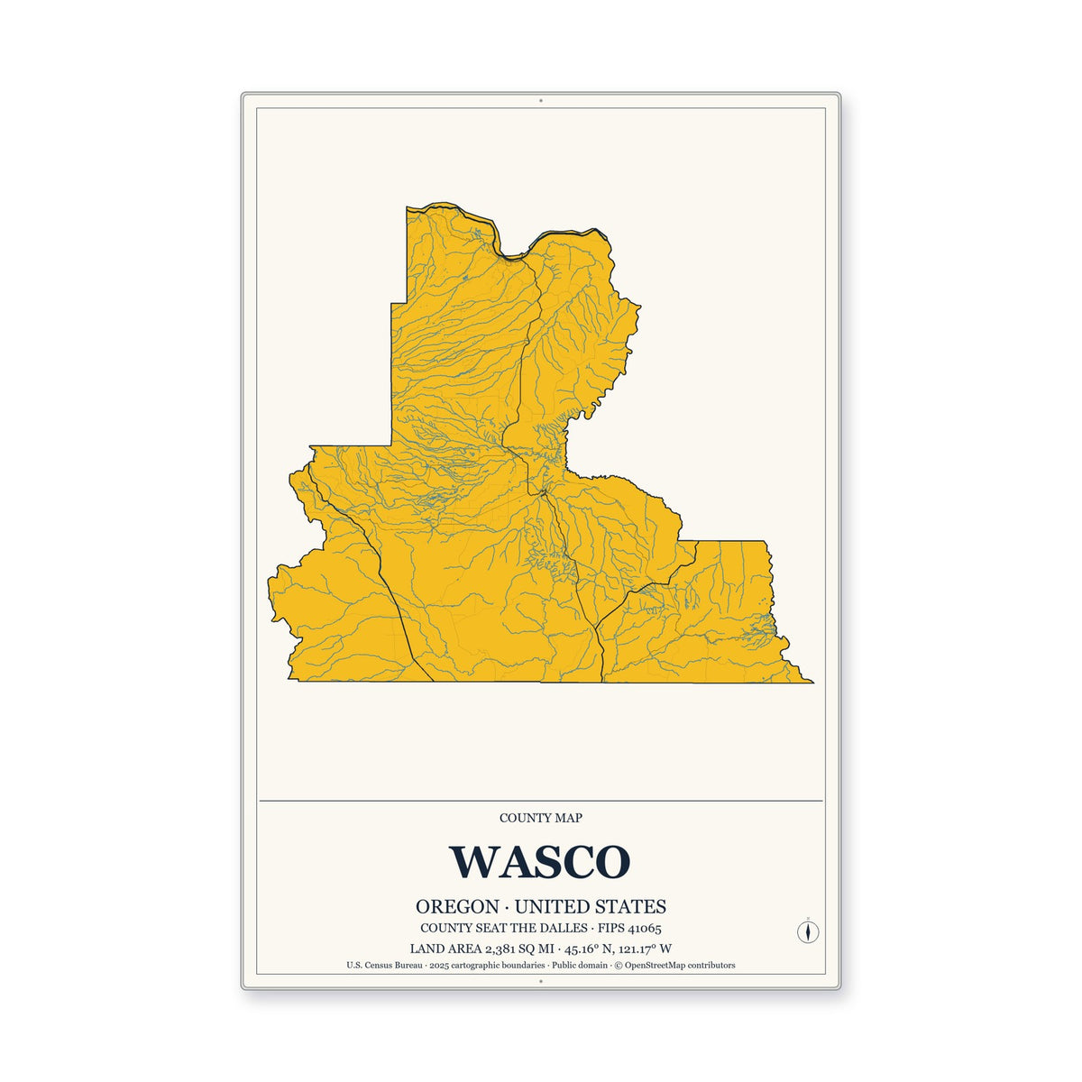 Wasco County, Oregon Map Aluminum Sign in Citrine Modern style