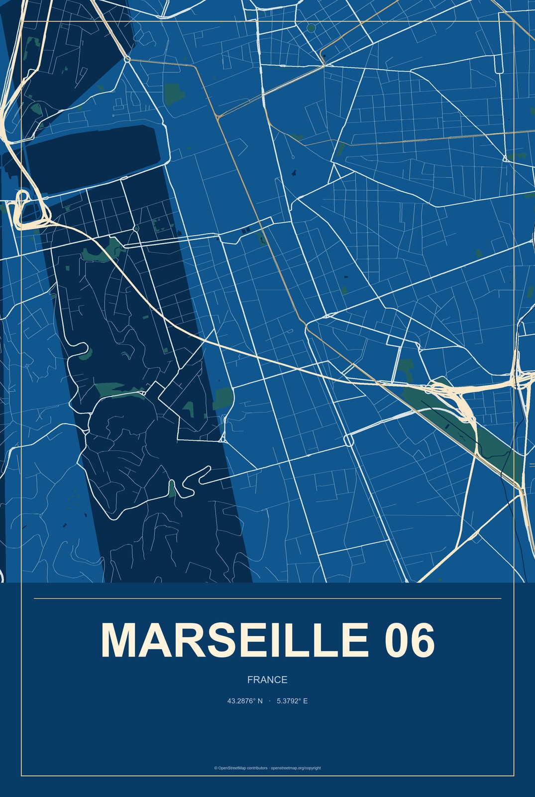 Marseille 06, France City Map Aluminum Sign in Harbor Cobalt style