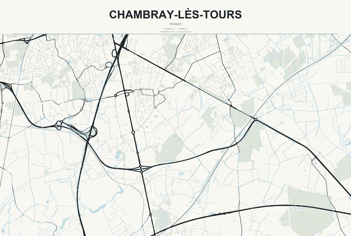 Chambray-lès-Tours, France City Map Aluminum Sign in Headline Atlas style