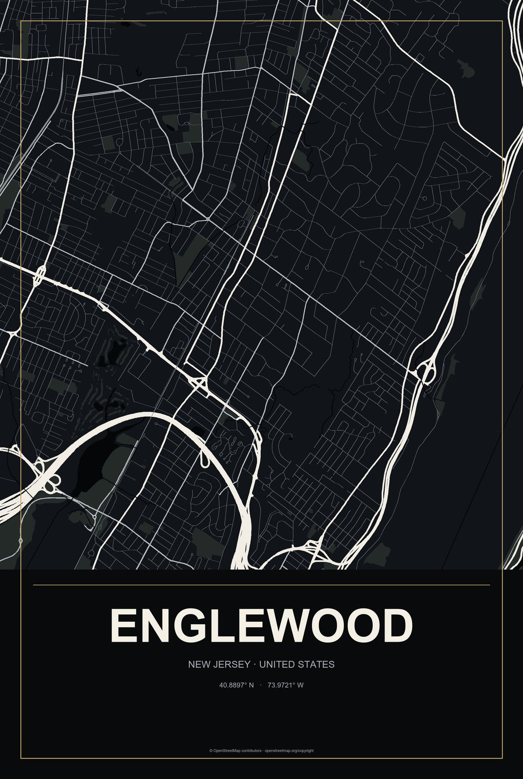 Englewood, New Jersey City Map Aluminum Sign in Metropolitan Noir style
