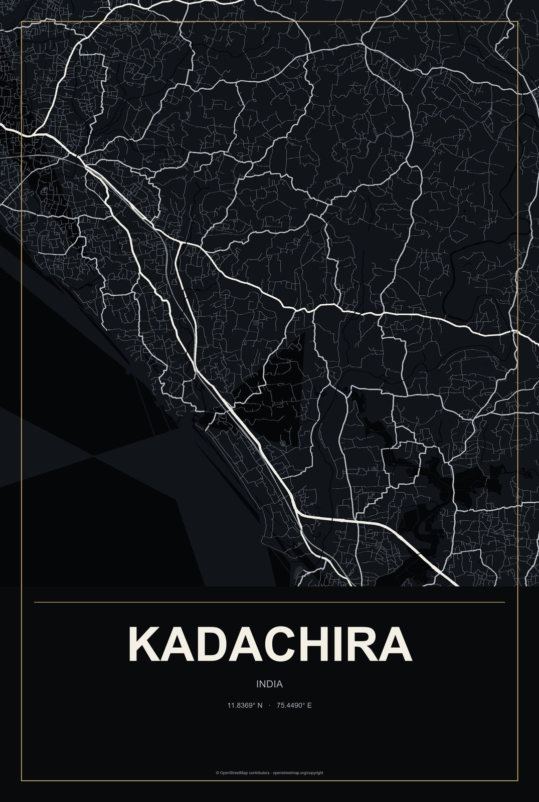 Kadachira, India City Map Aluminum Sign in Metropolitan Noir style