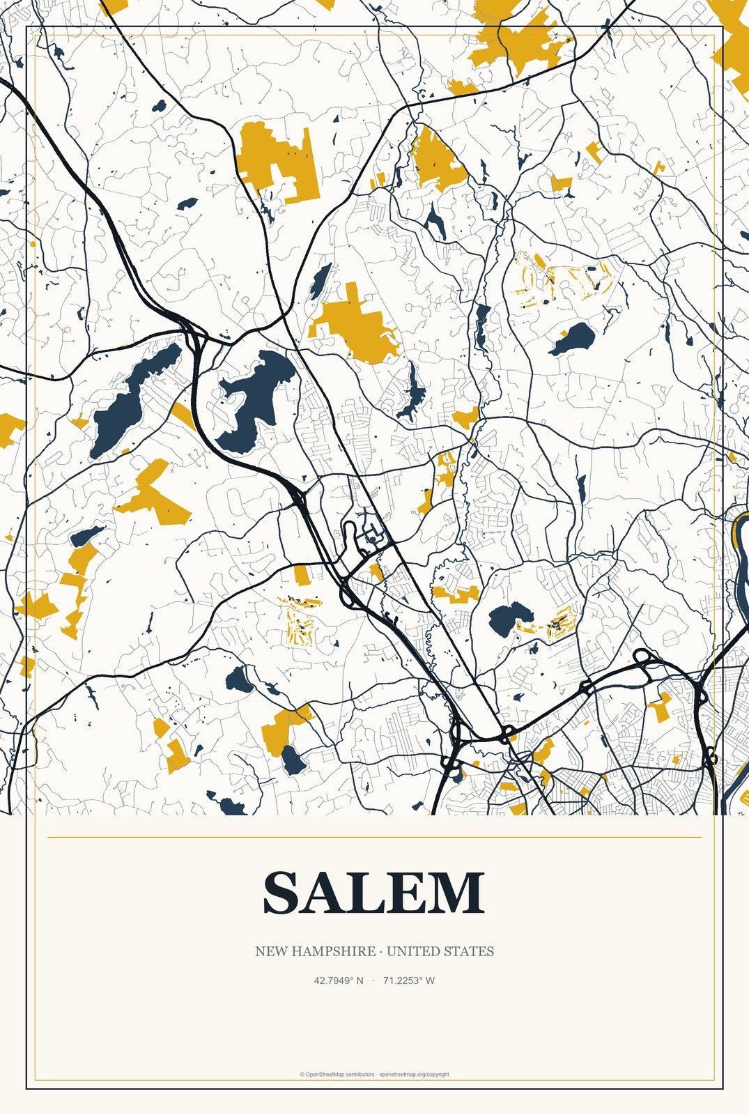 Salem, New Hampshire City Map Aluminum Sign in Citrine Modern style