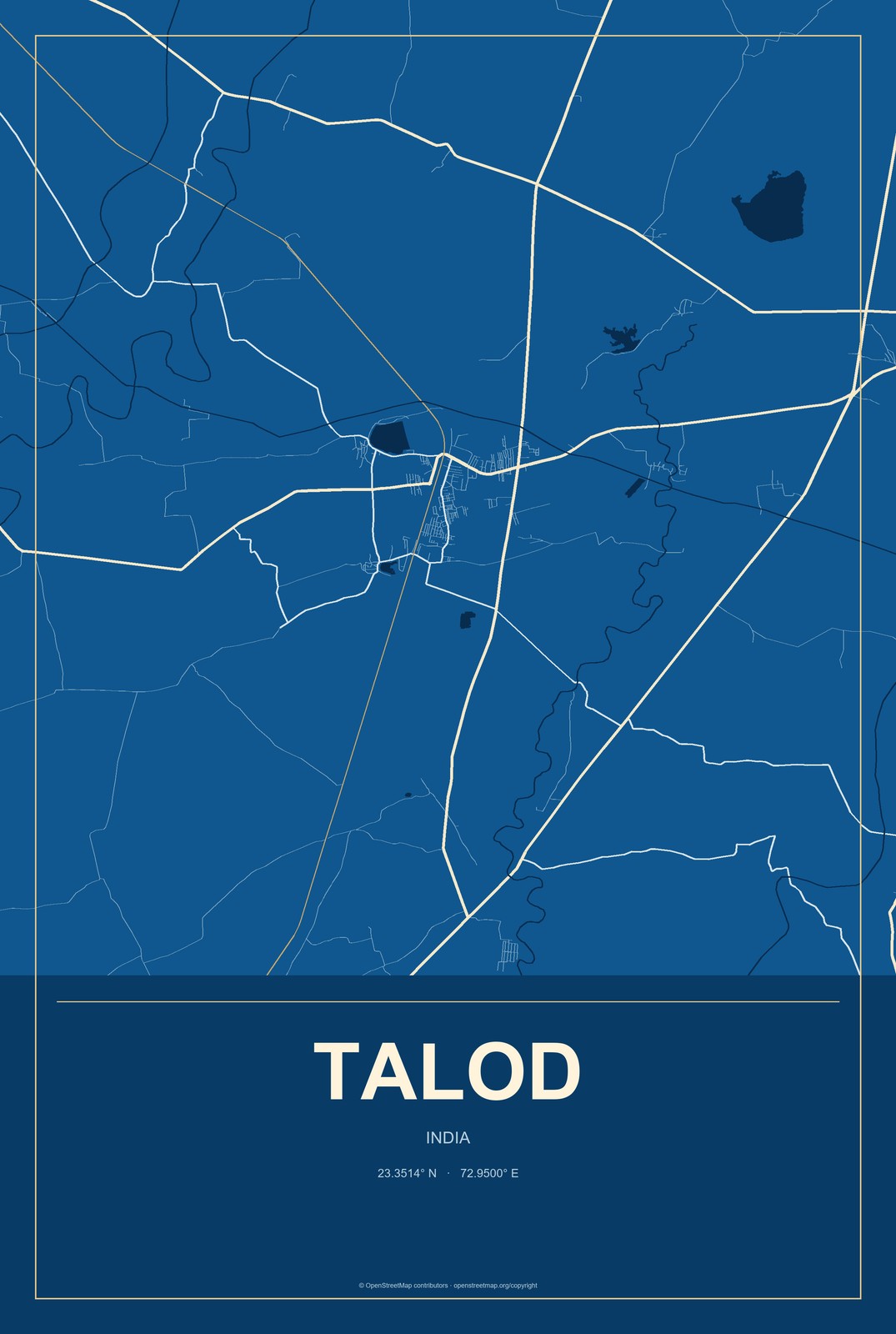 Talod, India City Map Aluminum Sign in Harbor Cobalt style