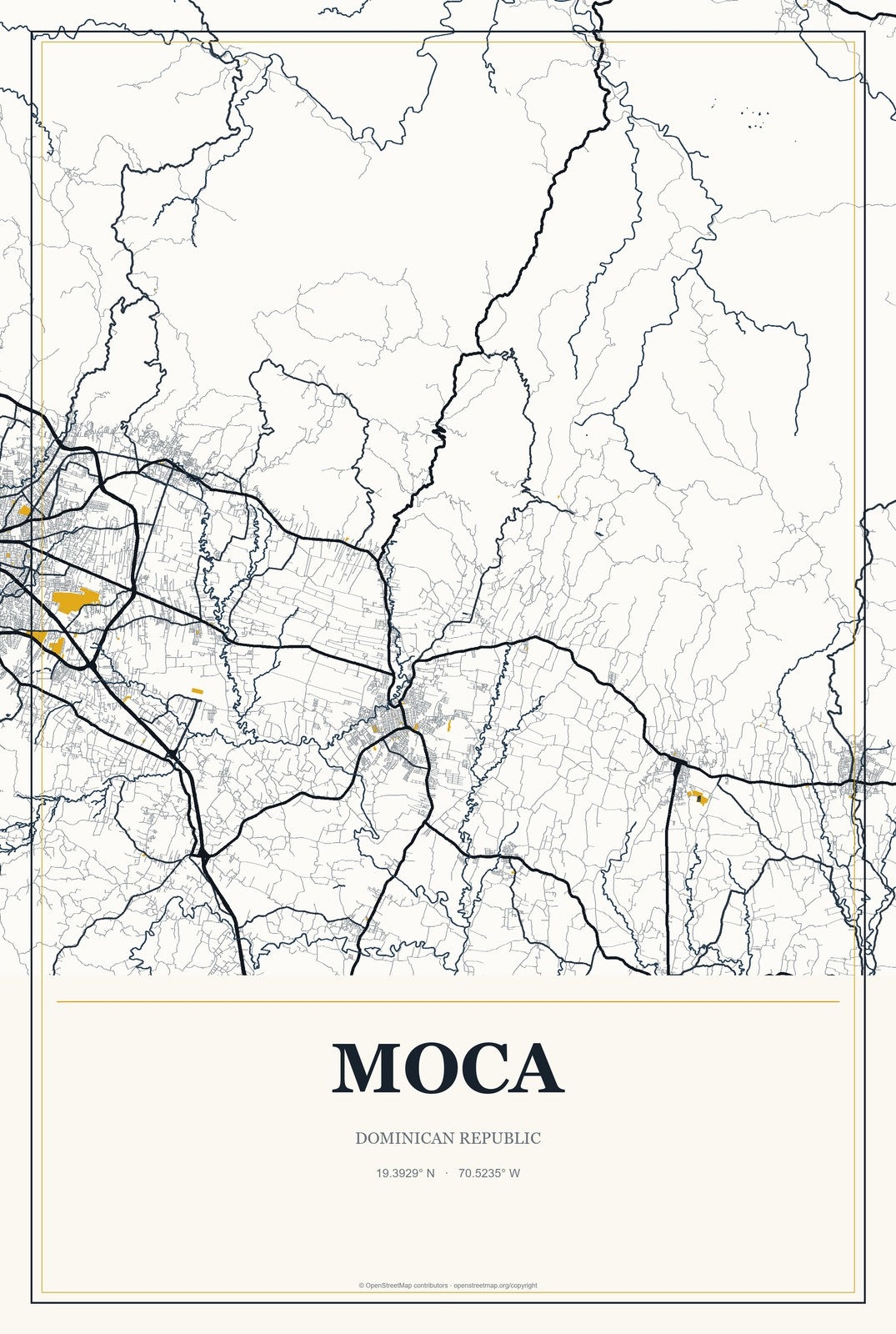 Moca, Dominican Republic City Map Aluminum Sign in Citrine Modern style