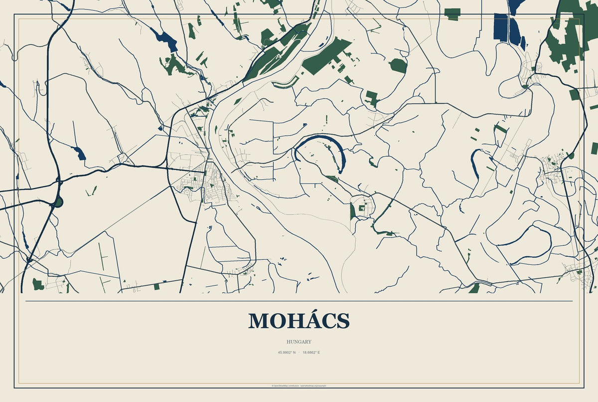 Mohács, Hungary City Map Aluminum Sign in Coastal Cutout style