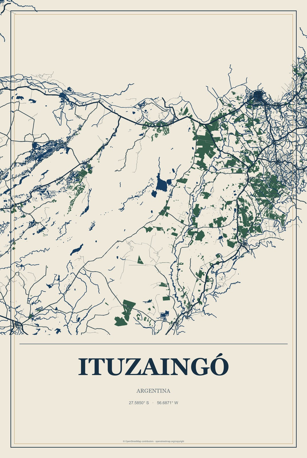 Ituzaingó, Argentina City Map Aluminum Sign in Coastal Cutout style