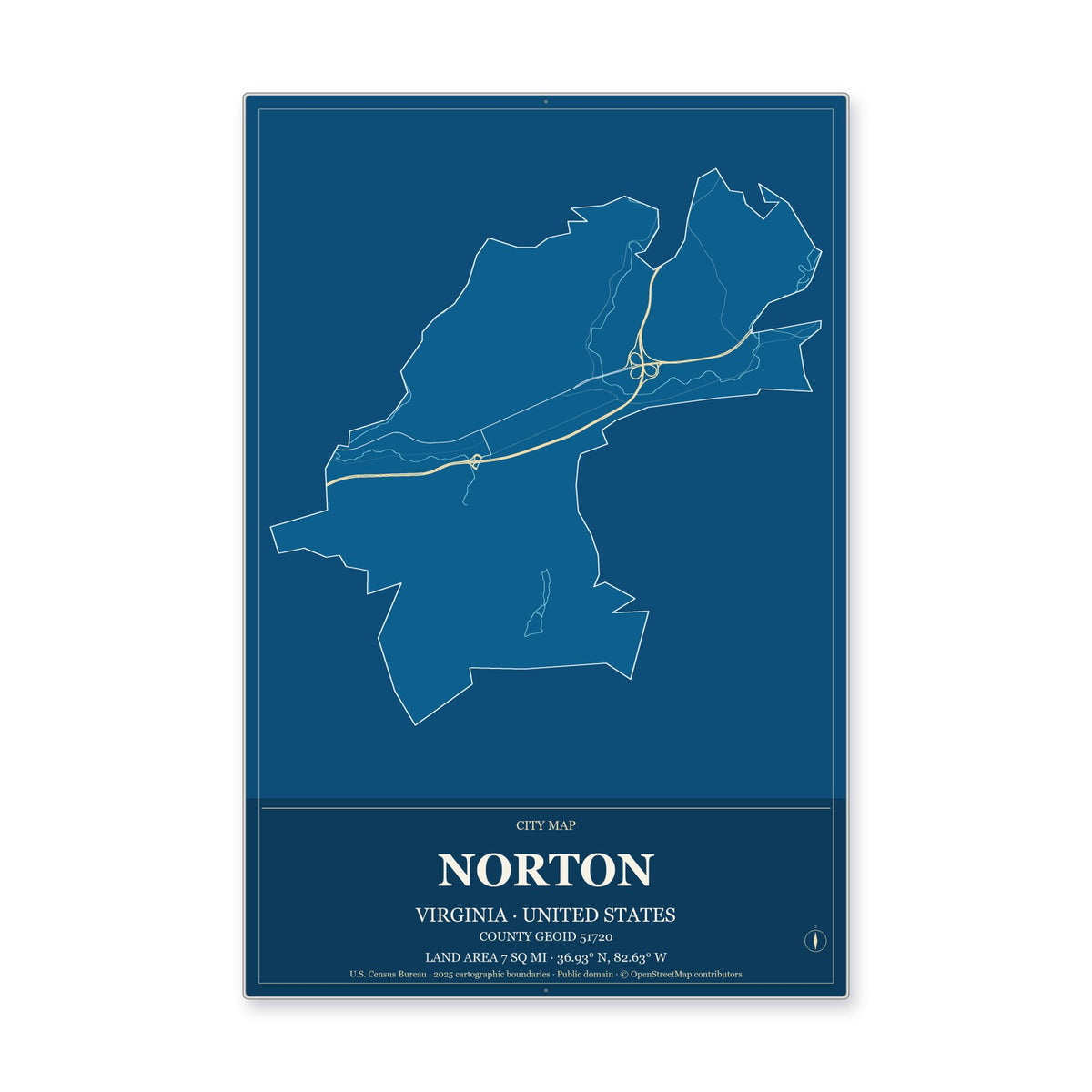 Norton city, Virginia Map Aluminum Sign in Harbor Cobalt style