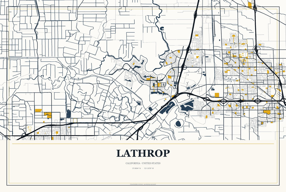 Lathrop, California City Map Aluminum Sign in Citrine Modern style