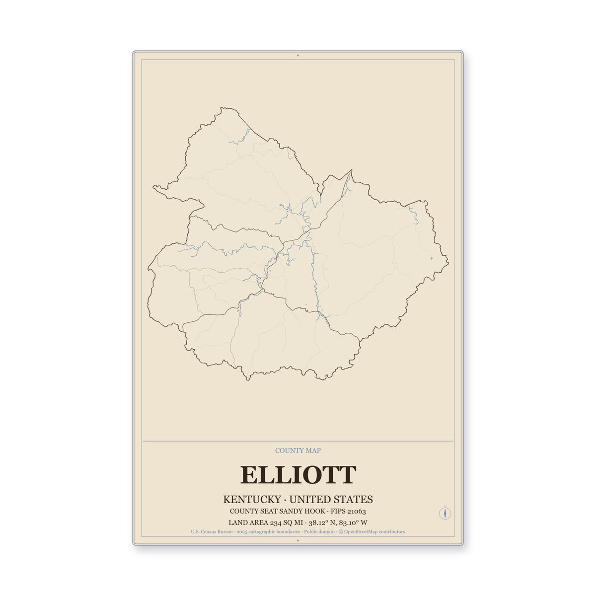 Elliott County, Kentucky Map Aluminum Sign in Heritage Nautical style