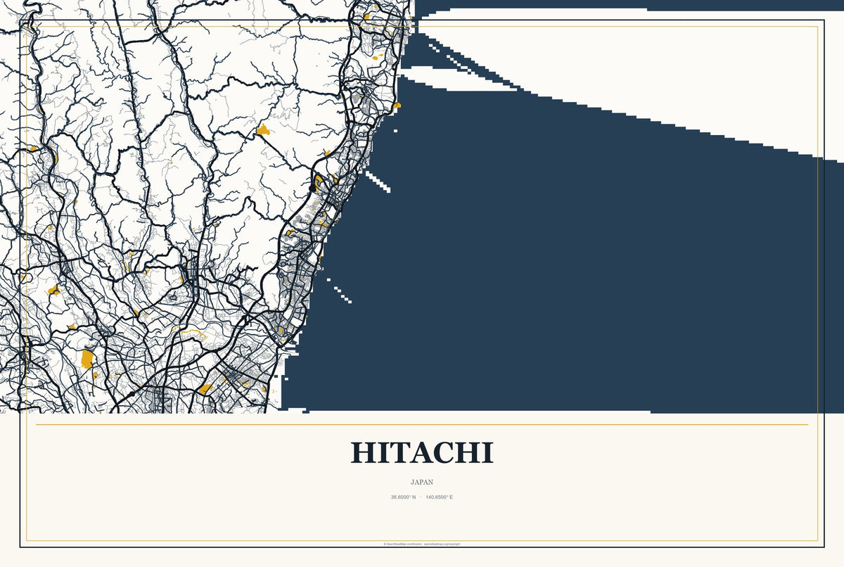 Hitachi, Japan City Map Aluminum Sign in Citrine Modern style