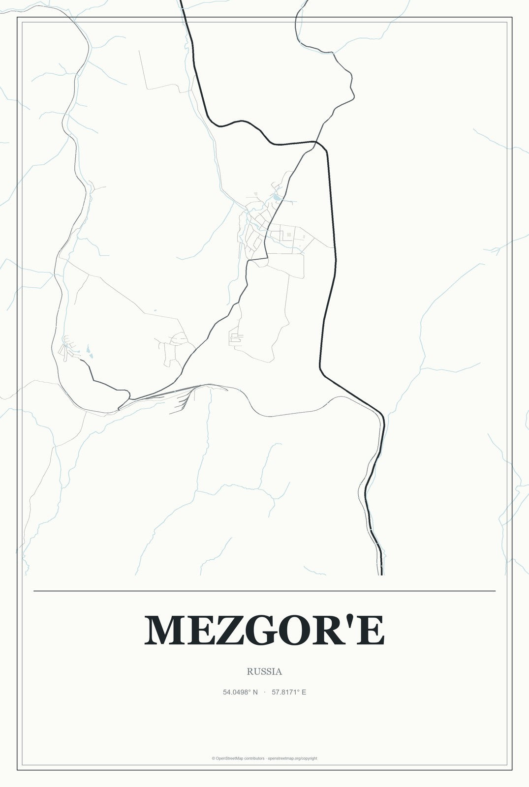 Mezgor'e, Russia City Map Aluminum Sign in Gallery Air style