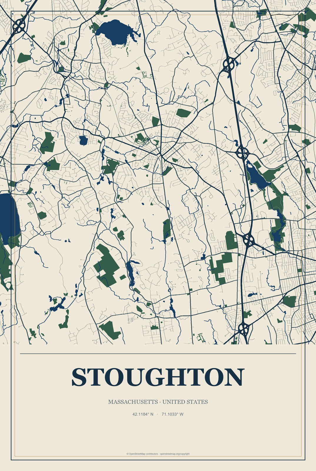 Stoughton, Massachusetts City Map Aluminum Sign in Coastal Cutout style