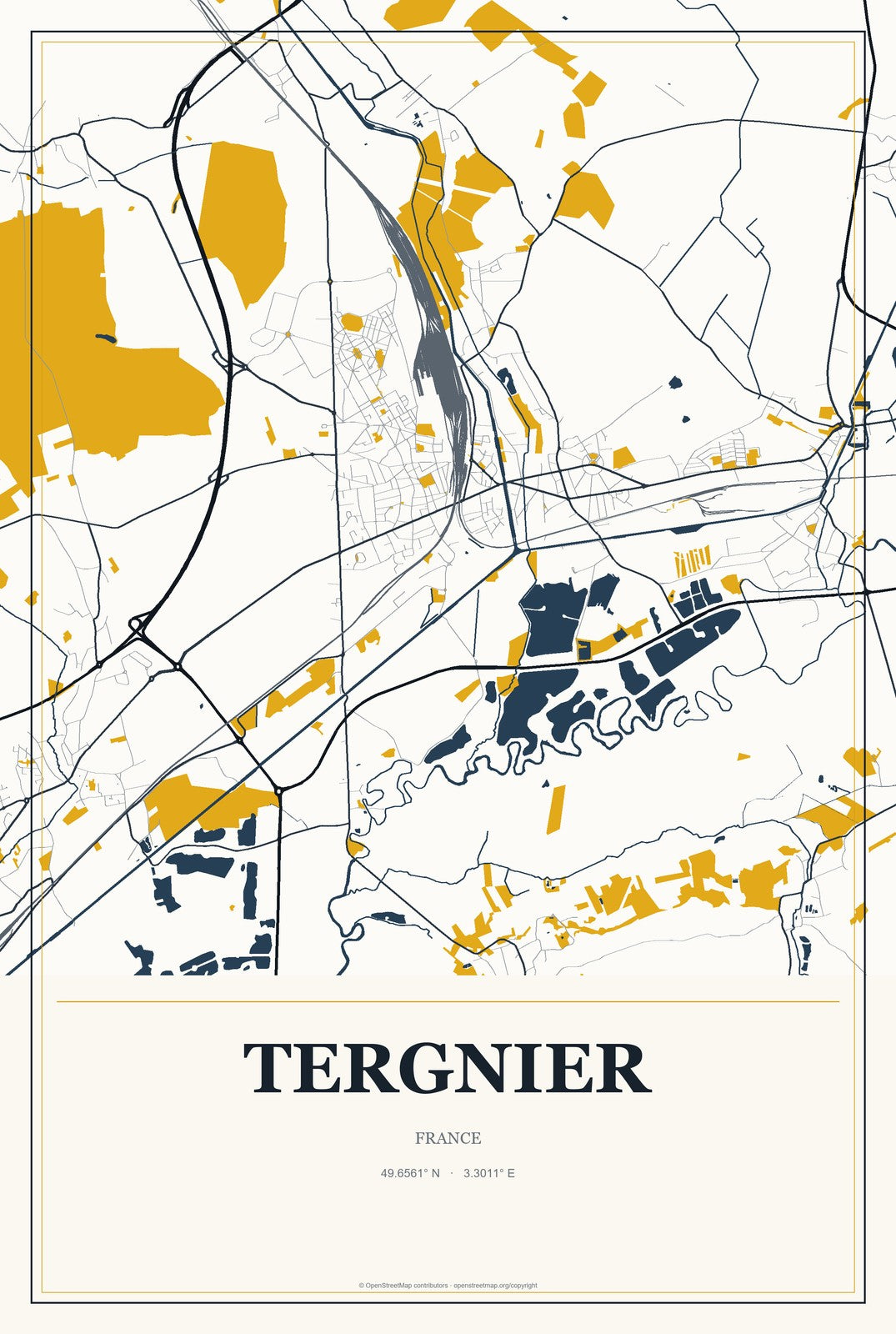 Tergnier, France City Map Aluminum Sign in Citrine Modern style