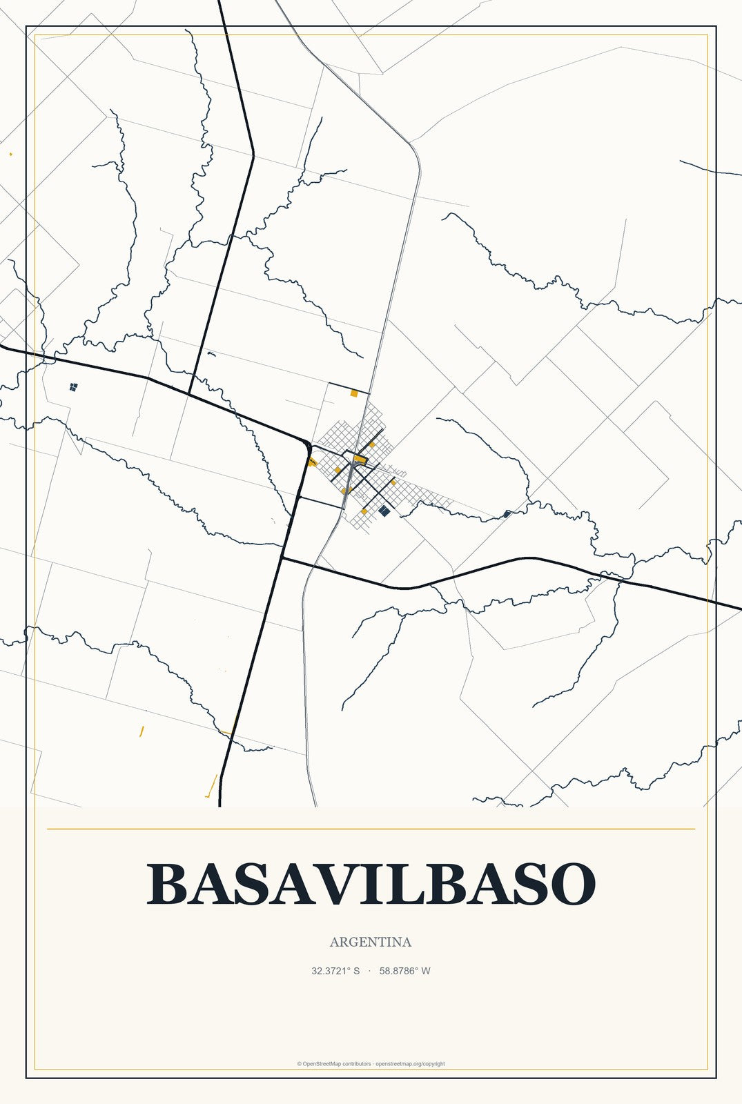 Basavilbaso, Argentina City Map Aluminum Sign in Citrine Modern style