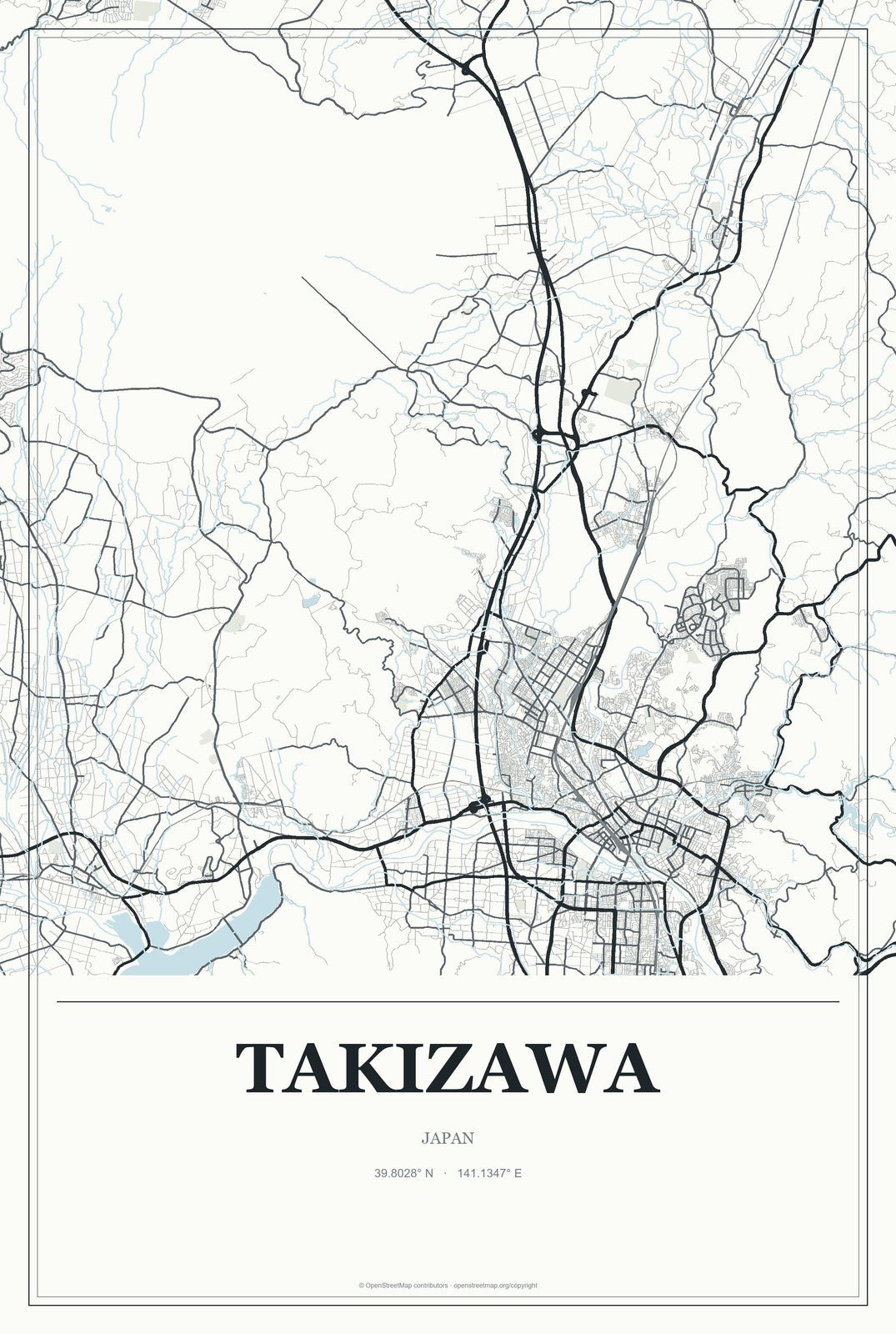 Takizawa, Japan City Map Aluminum Sign in Gallery Air style
