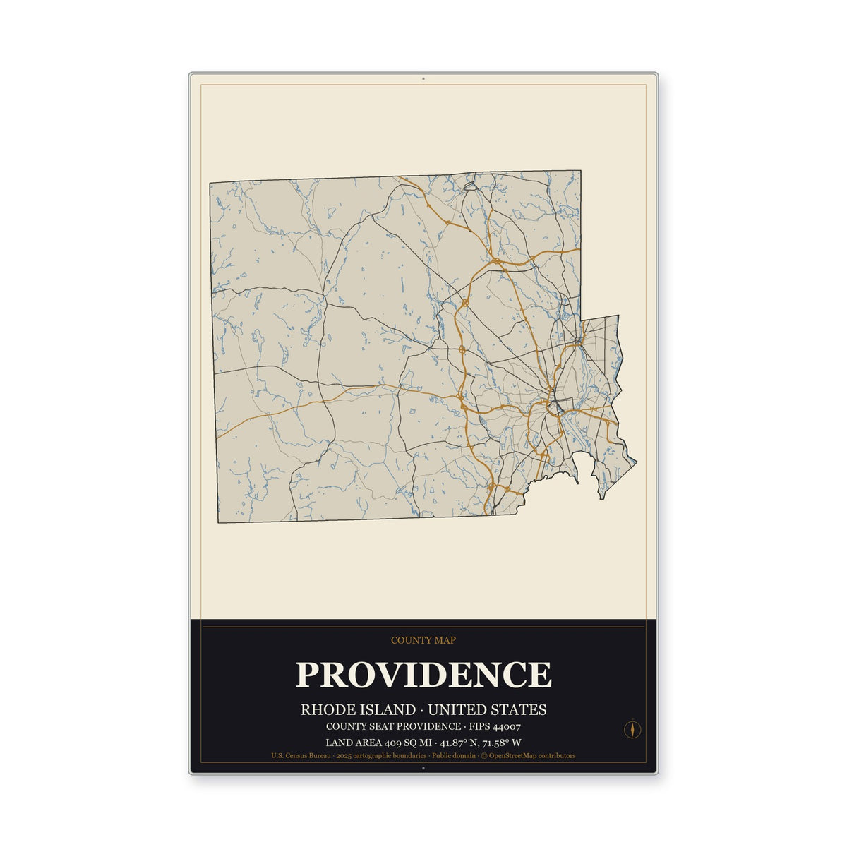 Providence County, Rhode Island Map Aluminum Sign in Museum Plaque style