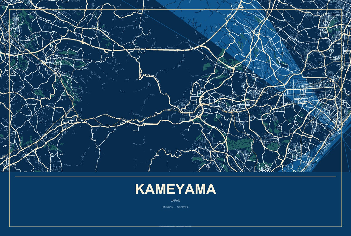 Kameyama, Japan City Map Aluminum Sign in Harbor Cobalt style
