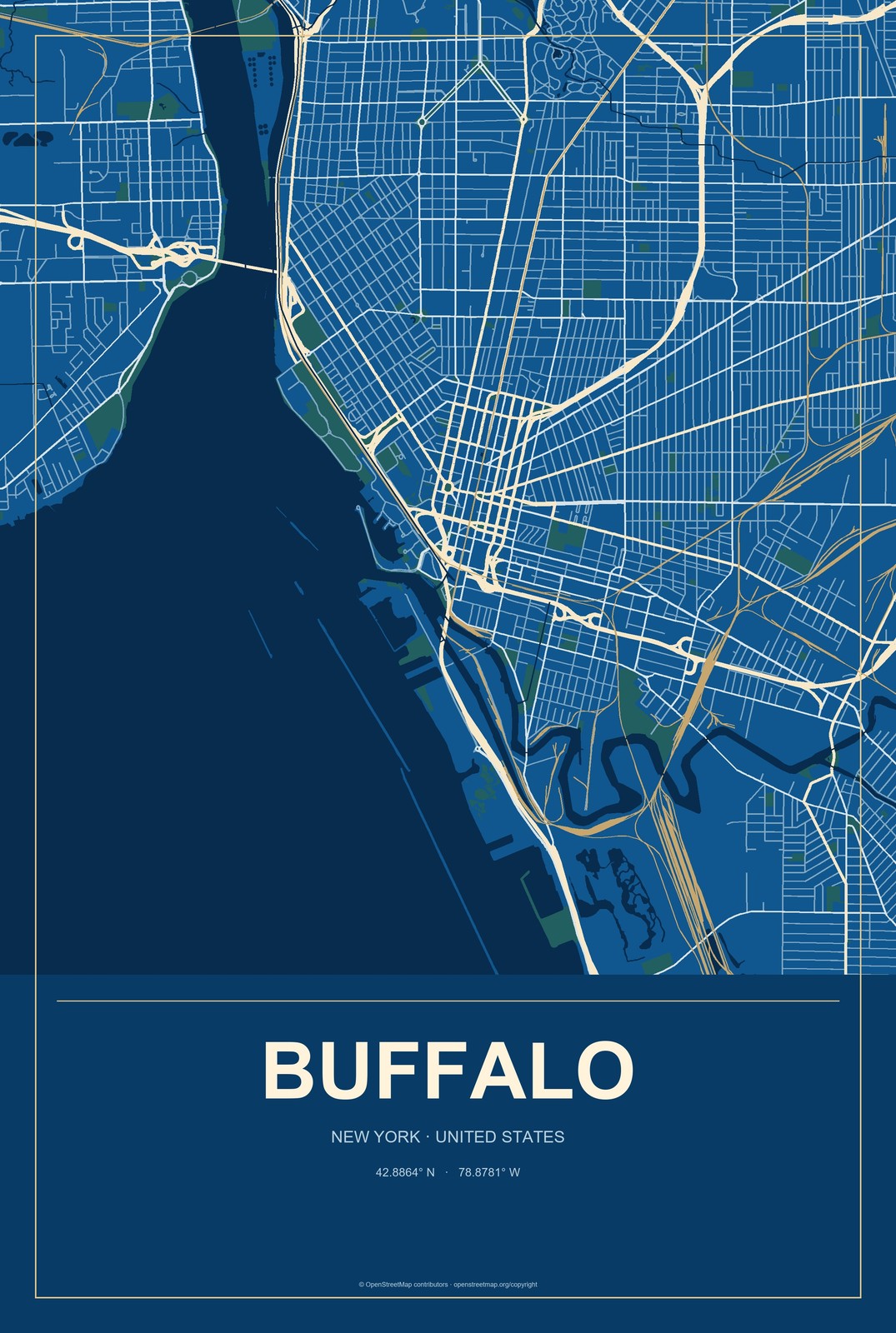 Buffalo, New York City Map Aluminum Sign in Harbor Cobalt style