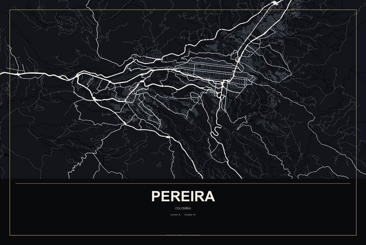 Pereira, Colombia City Map Aluminum Sign in Metropolitan Noir style