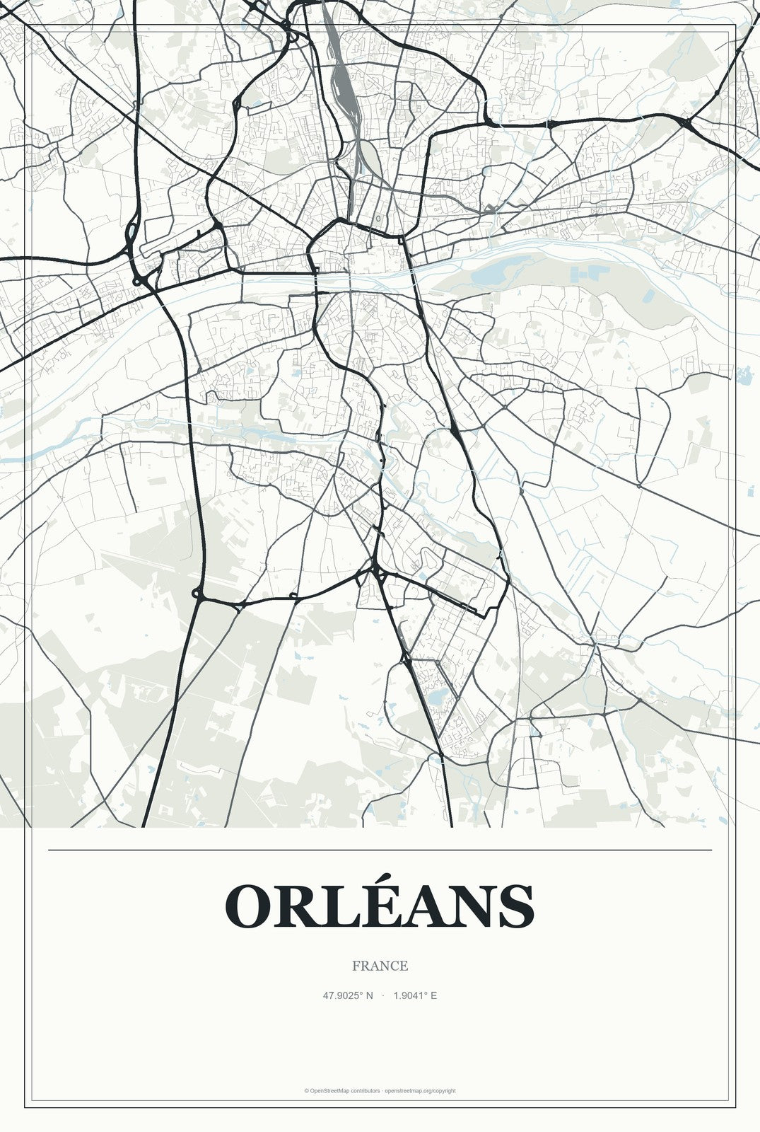 Orléans, France City Map Aluminum Sign in Gallery Air style