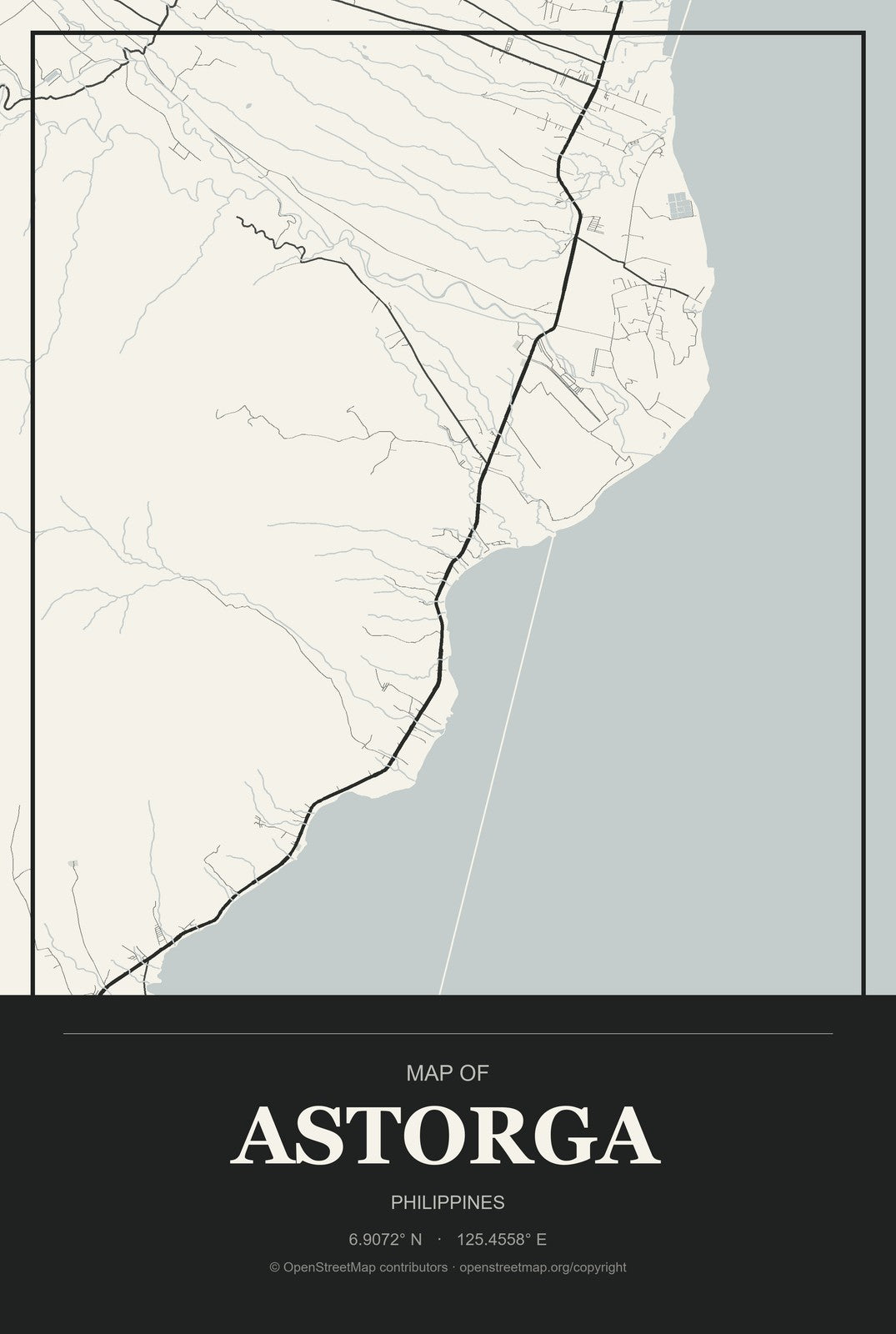 Astorga, Philippines City Map Aluminum Sign in Museum Plaque style