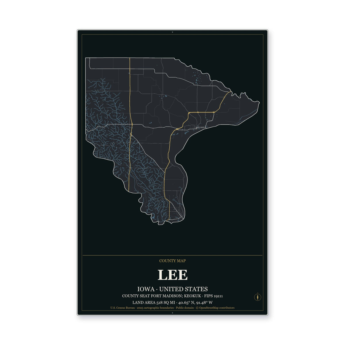 Lee County, Iowa Map Aluminum Sign in Metropolitan Noir style
