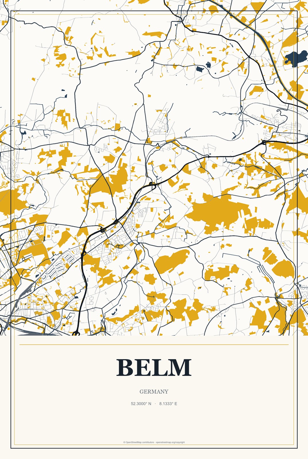Belm, Germany City Map Aluminum Sign in Citrine Modern style