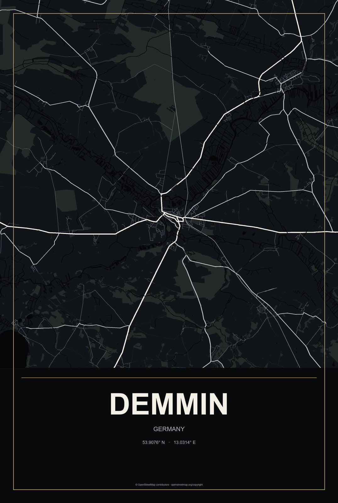 Demmin, Germany City Map Aluminum Sign in Metropolitan Noir style