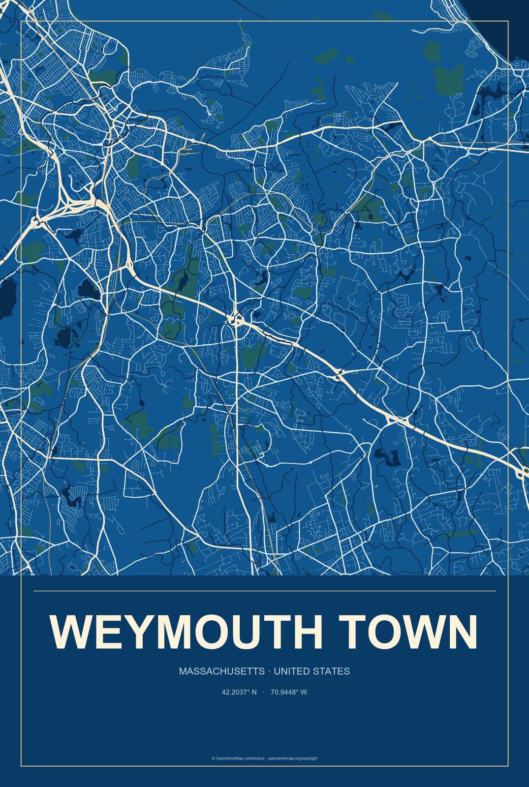 Weymouth Town, Massachusetts City Map Aluminum Sign in Harbor Cobalt style