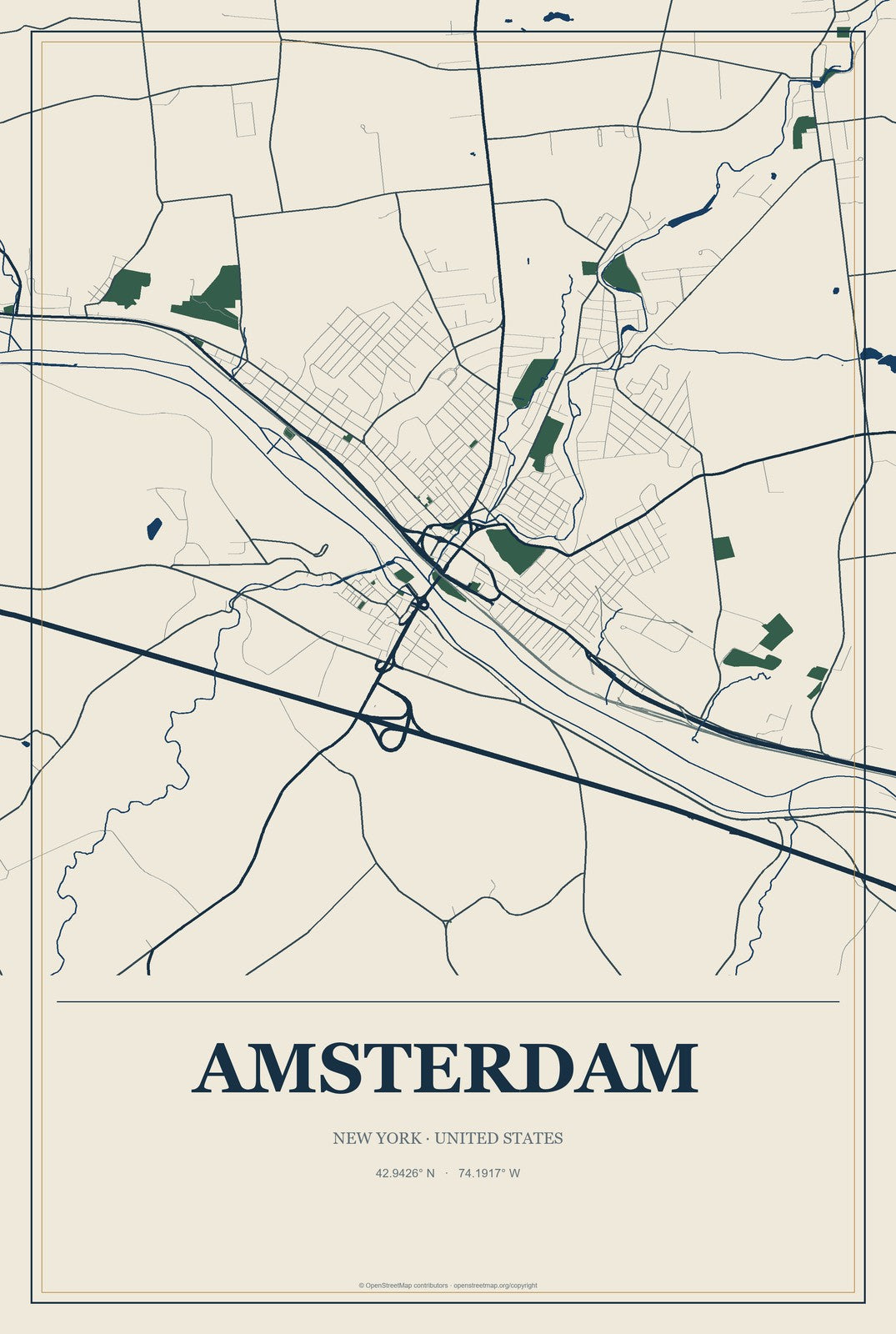 Amsterdam, New York City Map Aluminum Sign in Coastal Cutout style