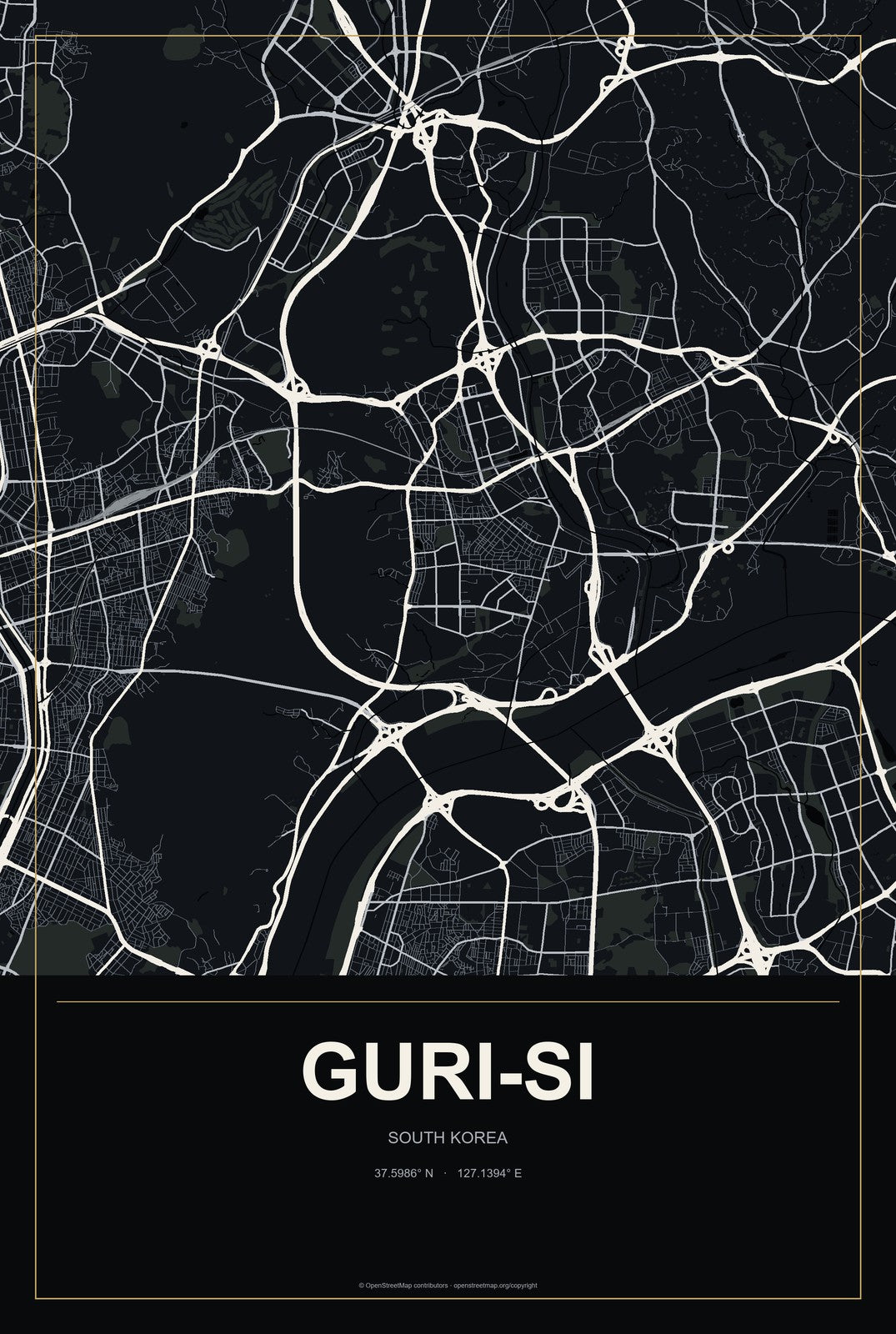 Guri-si, South Korea City Map Aluminum Sign in Metropolitan Noir style