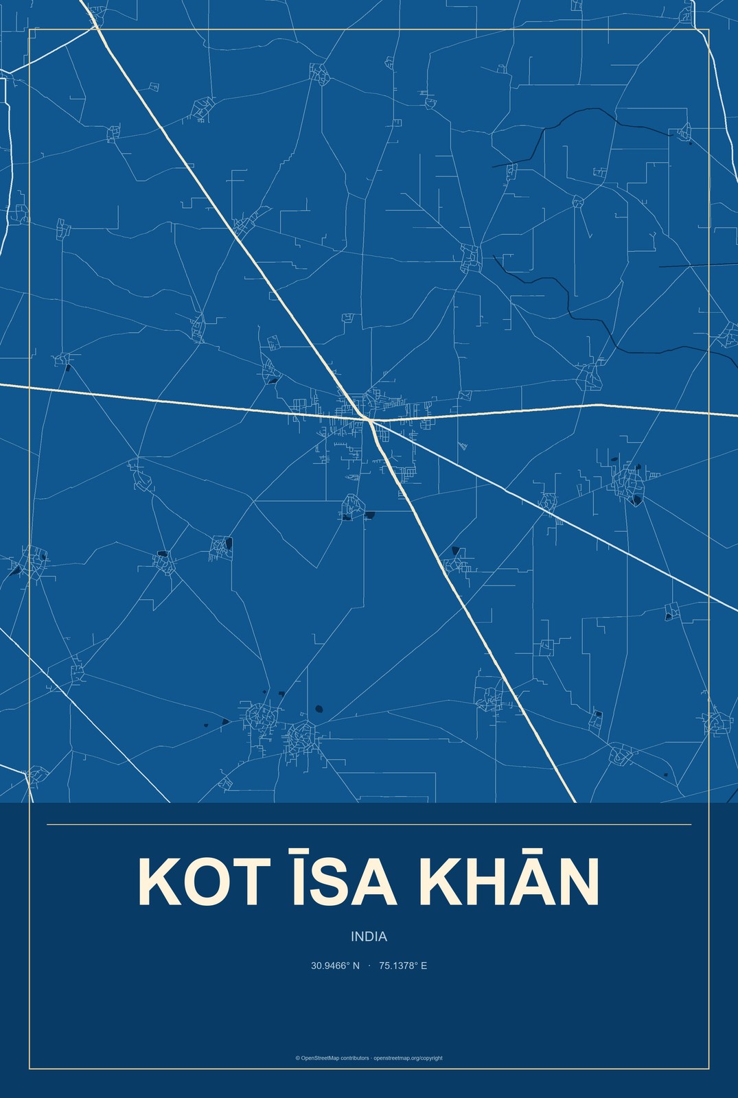 Kot Īsa Khān, India City Map Aluminum Sign in Harbor Cobalt style