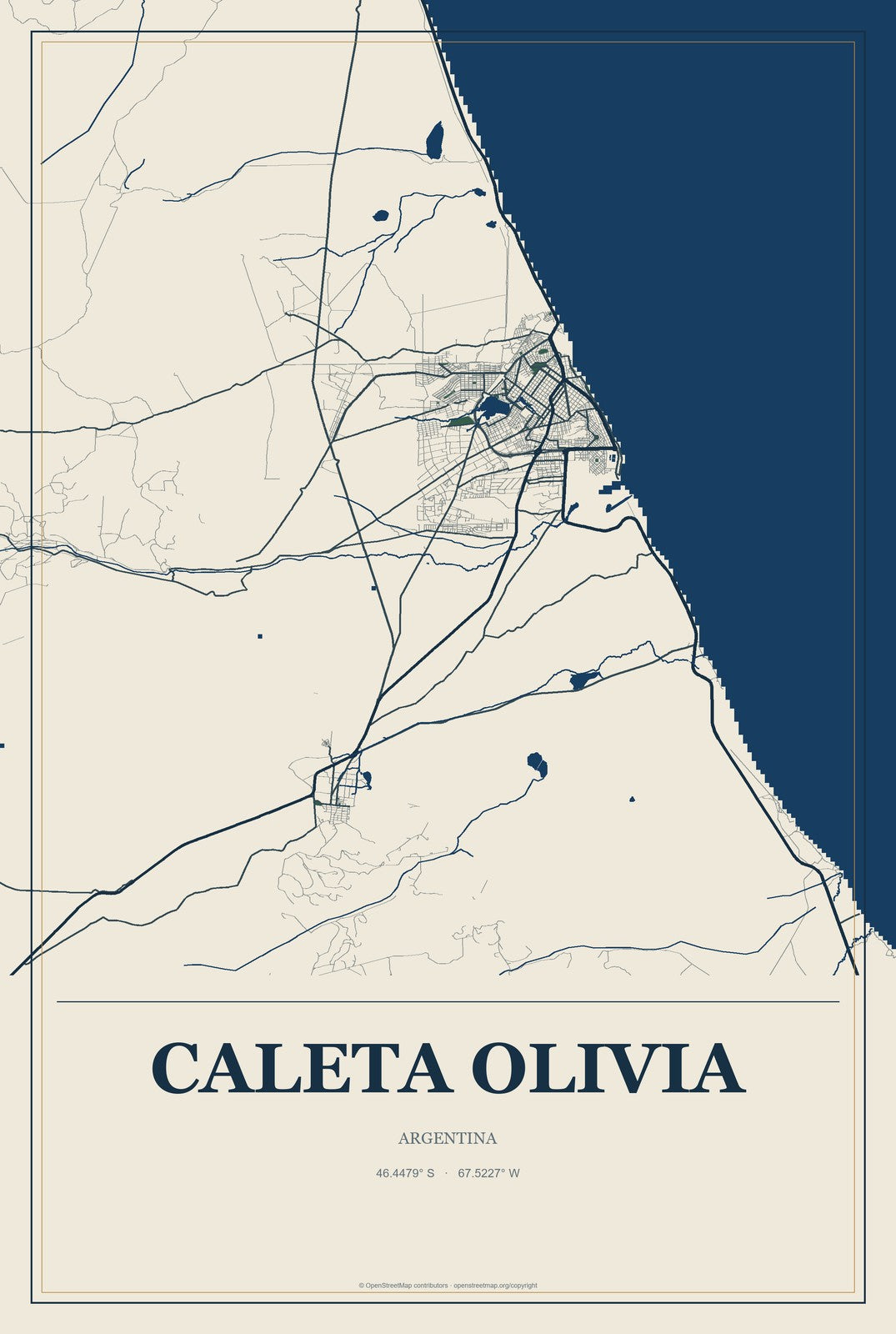 Caleta Olivia, Argentina City Map Aluminum Sign in Coastal Cutout style