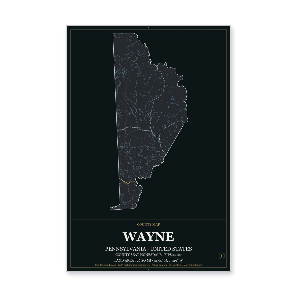 Wayne County, Pennsylvania Map Aluminum Sign in Metropolitan Noir style