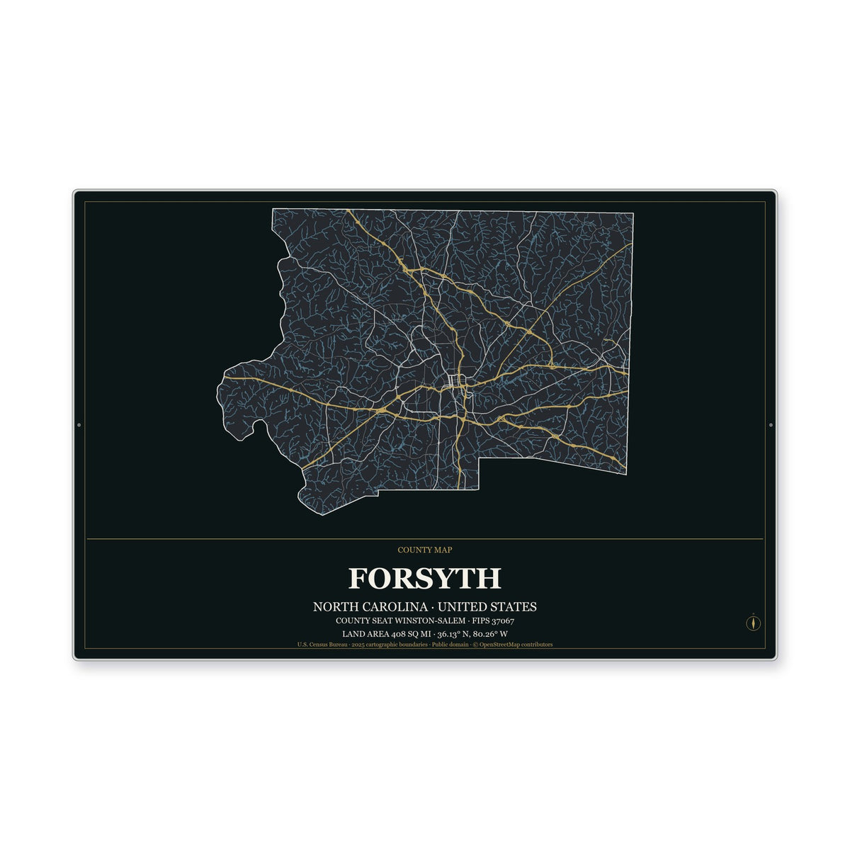 Forsyth County, North Carolina Map Aluminum Sign in Metropolitan Noir style