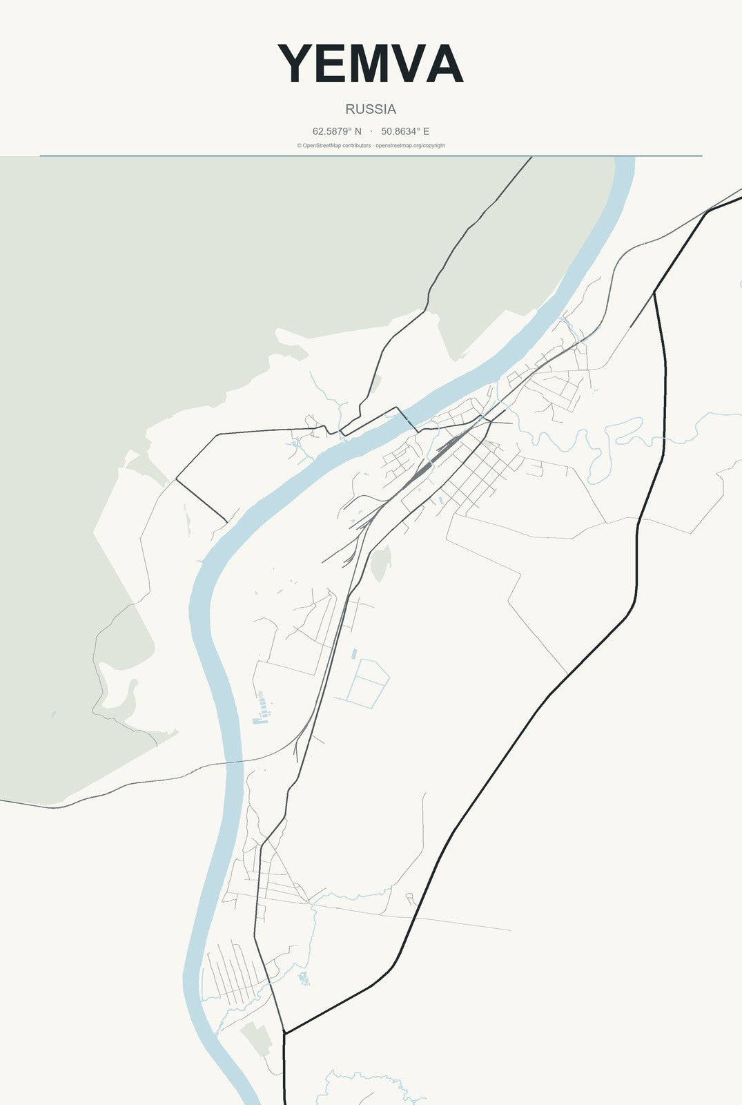 Yemva, Russia City Map Aluminum Sign in Headline Atlas style