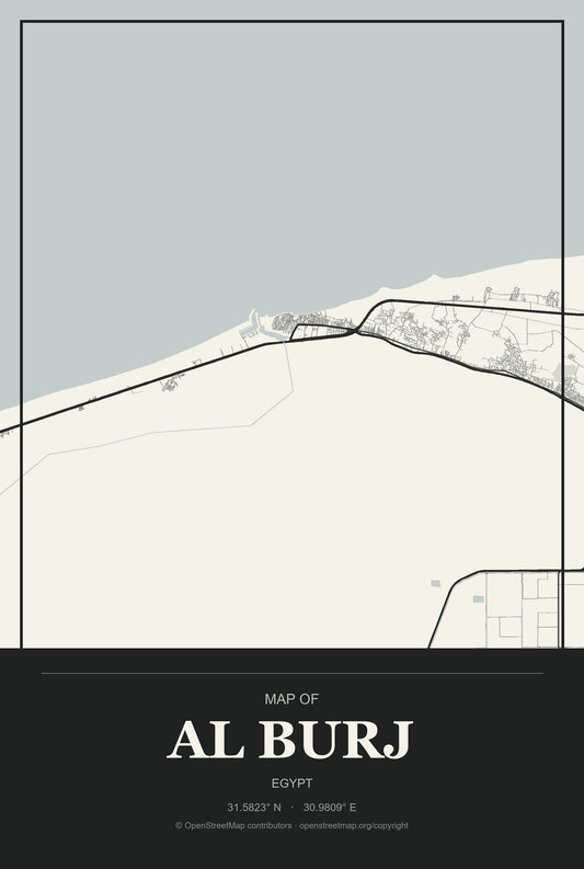 Al Burj, Egypt City Map Aluminum Sign in Museum Plaque style