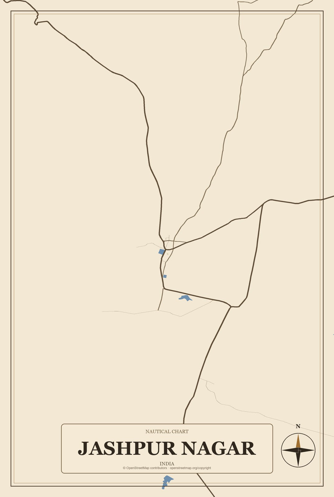 Jashpur Nagar, India City Map Aluminum Sign in Heritage Nautical style