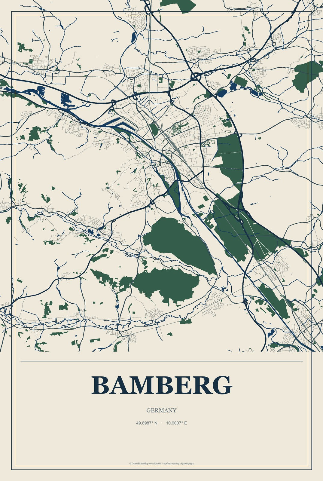 Bamberg, Germany City Map Aluminum Sign in Coastal Cutout style