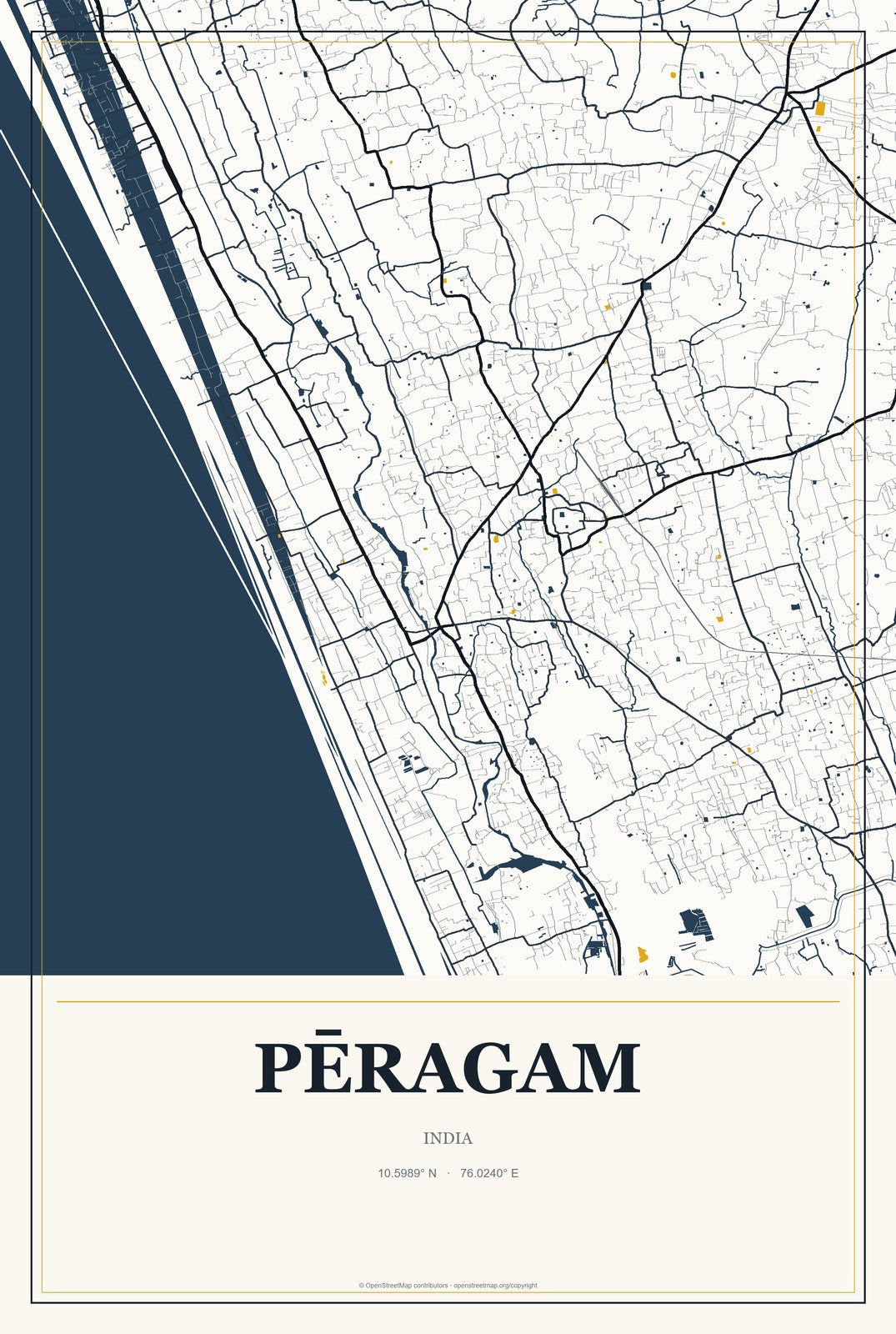 Pēragam, India City Map Aluminum Sign in Citrine Modern style