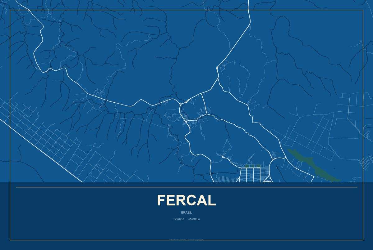 Fercal, Brazil City Map Aluminum Sign in Harbor Cobalt style