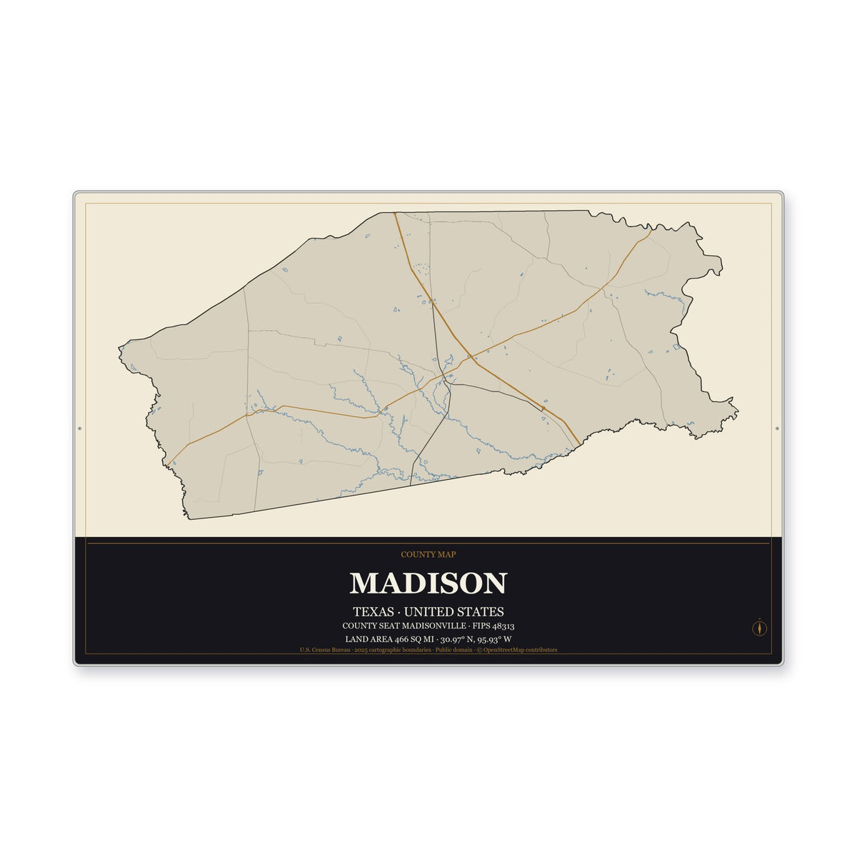 Madison County, Texas Map Aluminum Sign in Museum Plaque style