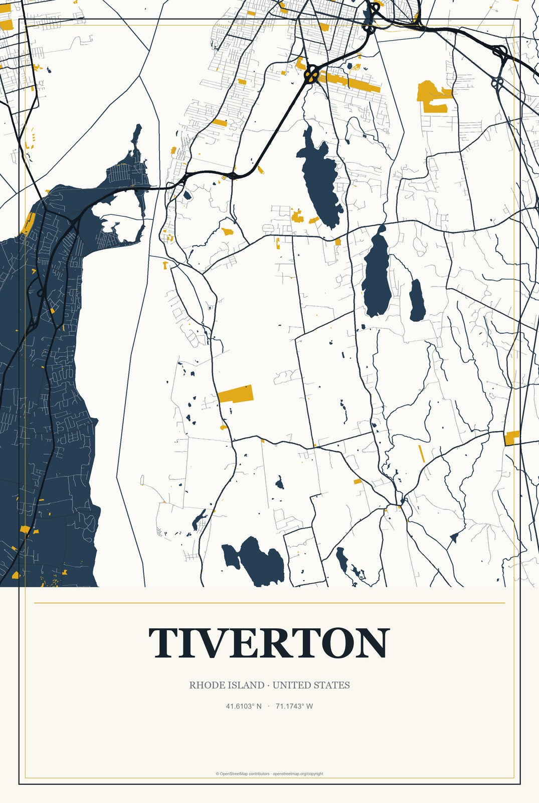 Tiverton, Rhode Island City Map Aluminum Sign in Citrine Modern style