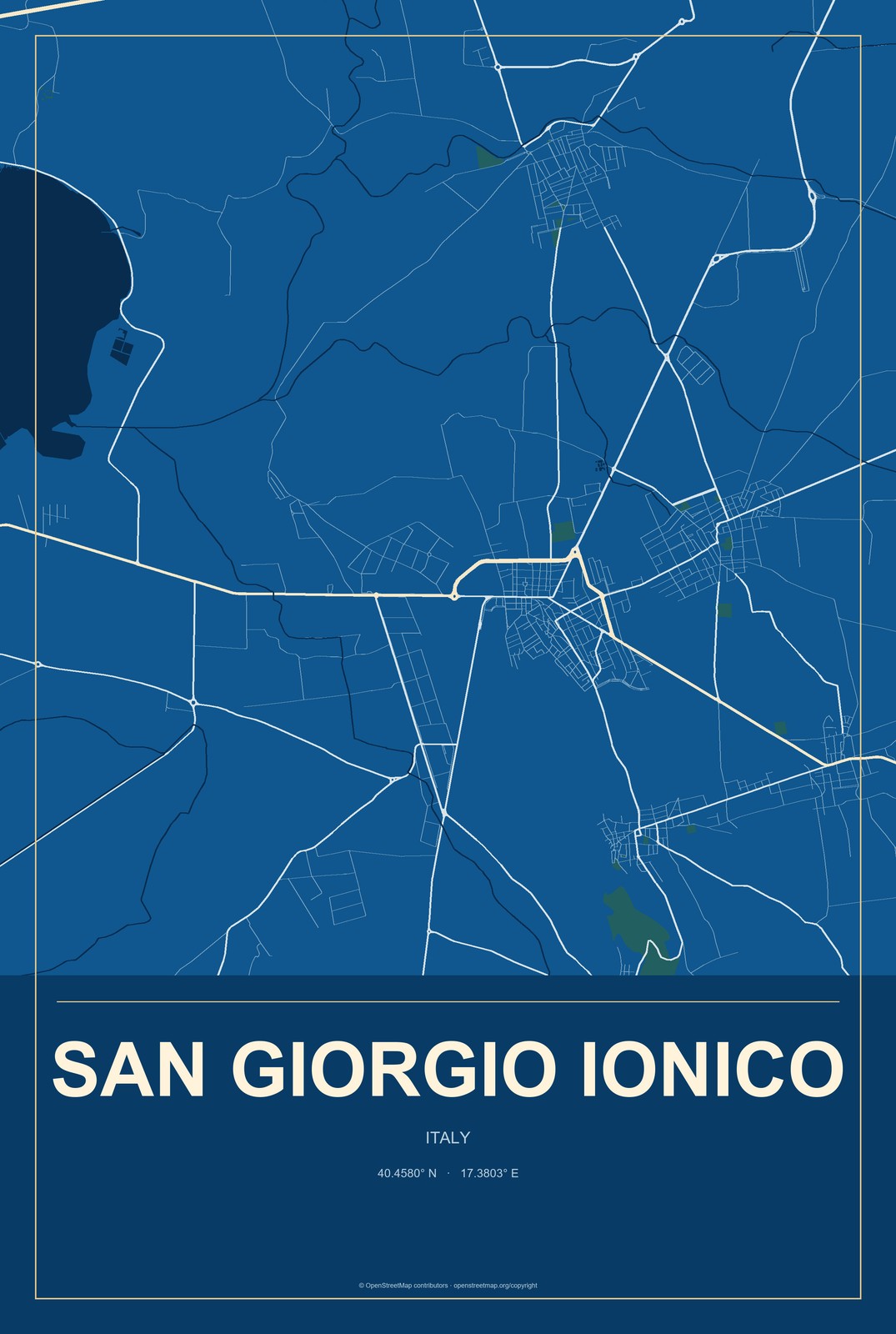San Giorgio Ionico, Italy City Map Aluminum Sign in Harbor Cobalt style