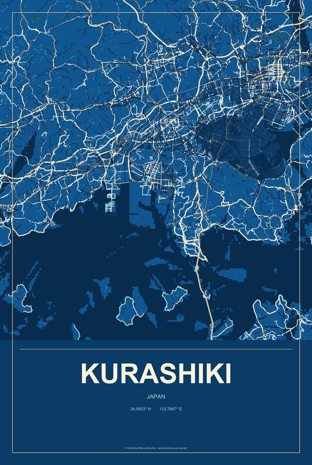 Kurashiki, Japan City Map Aluminum Sign in Harbor Cobalt style