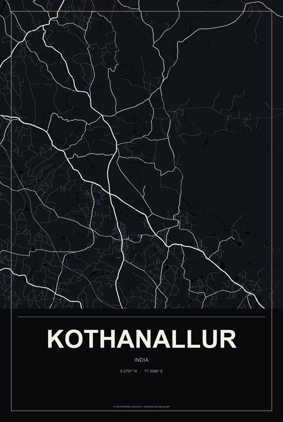 Kothanallur, India City Map Aluminum Sign in Metropolitan Noir style