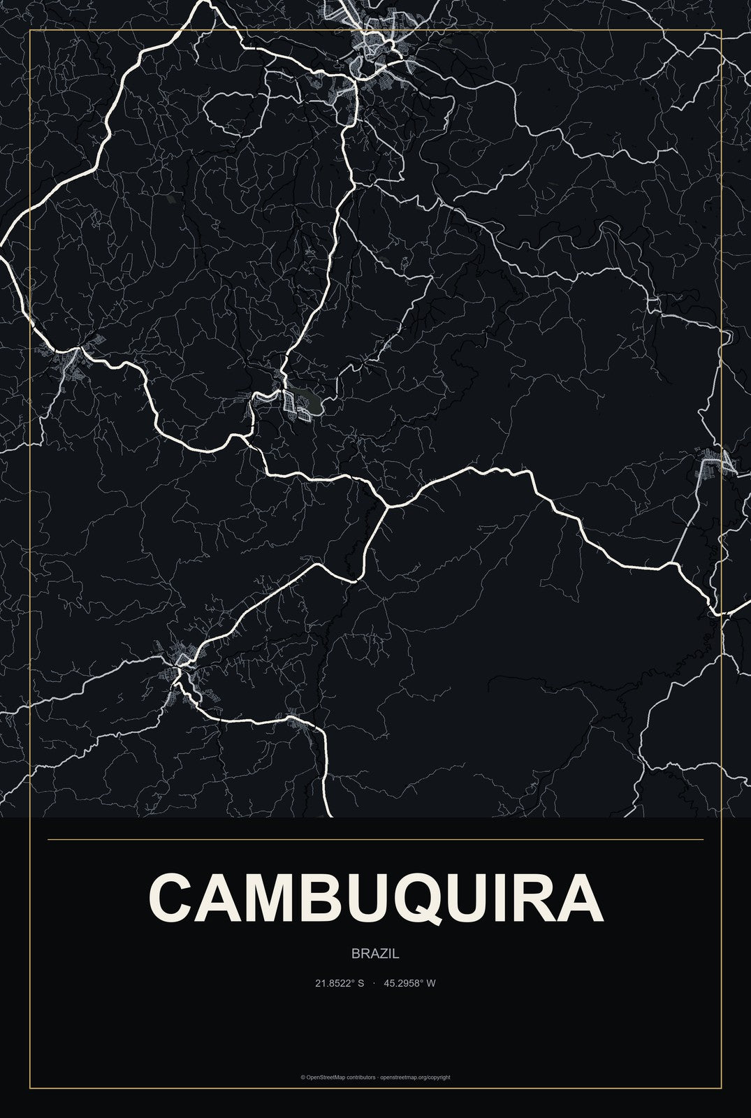 Cambuquira, Brazil City Map Aluminum Sign in Metropolitan Noir style