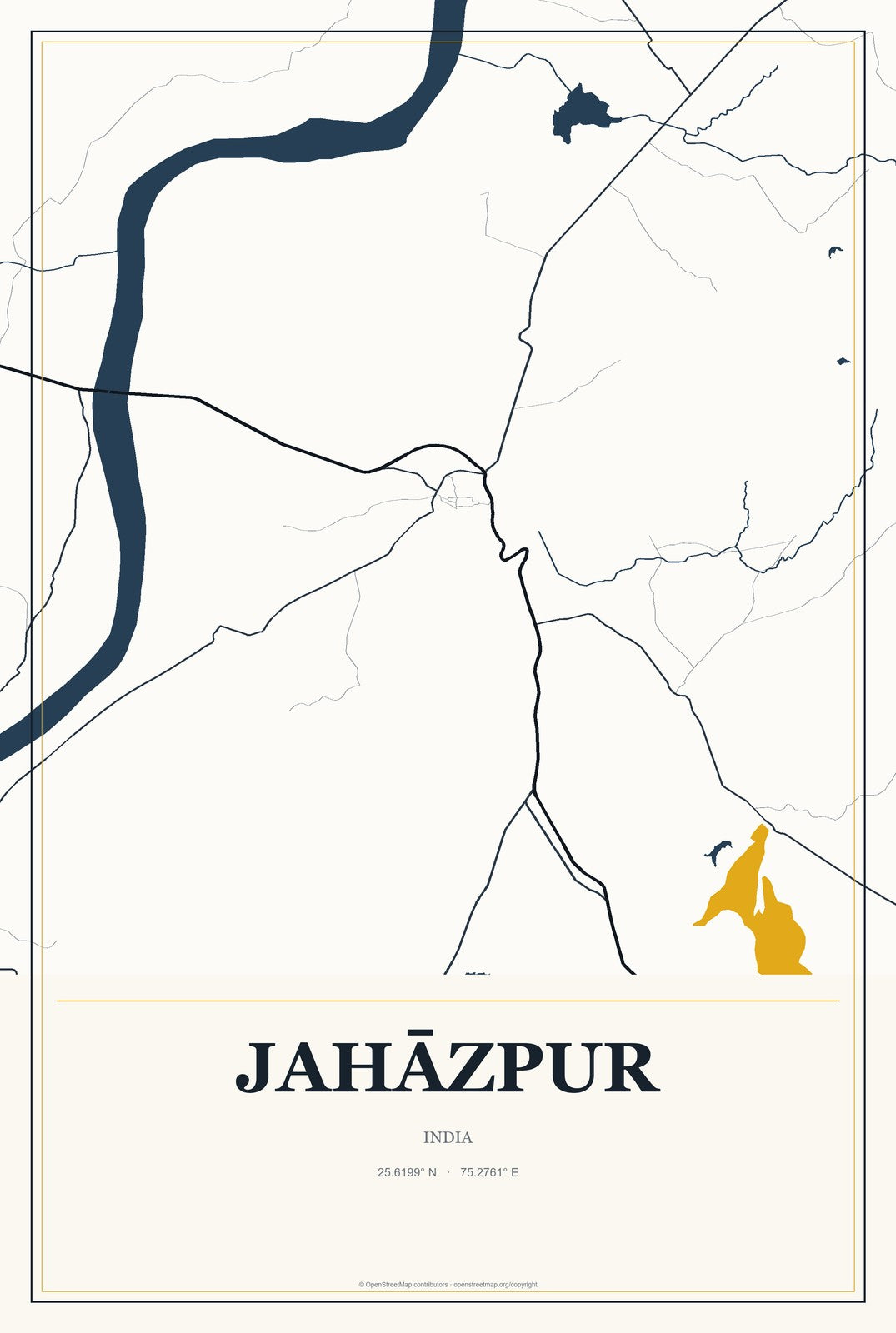 Jahāzpur, India City Map Aluminum Sign in Citrine Modern style